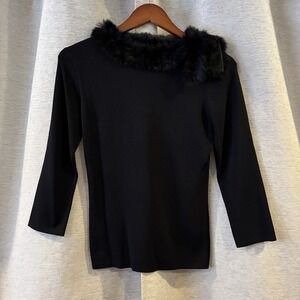 Vintage Joseph A Sweater Black Feather Trim Fur Size Medium‎
